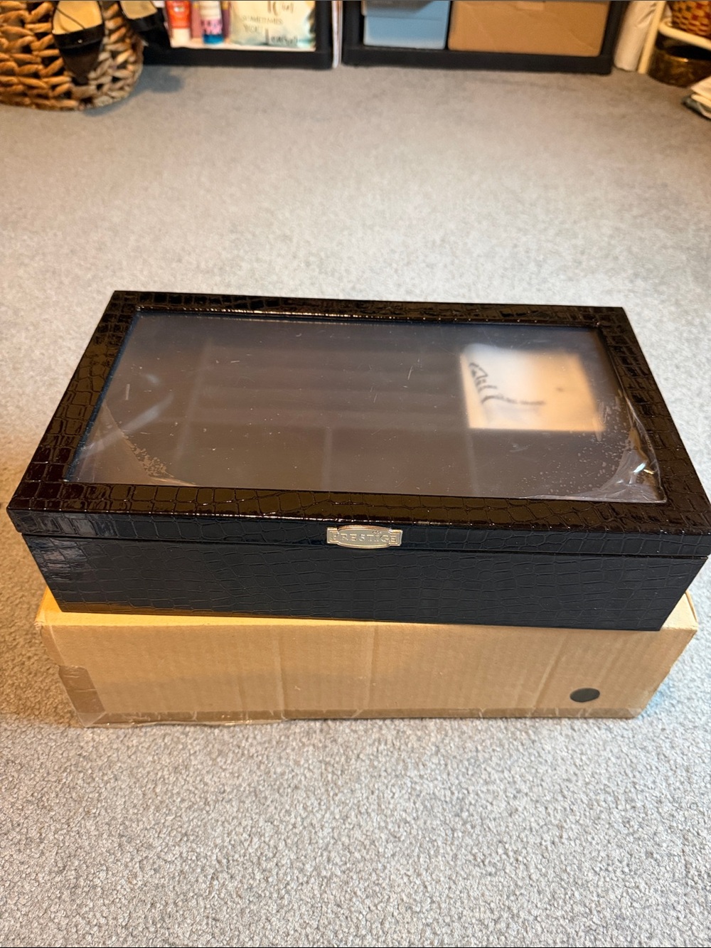 Black Croc-Embossed Jewelry Watch Display Box with Clear Top